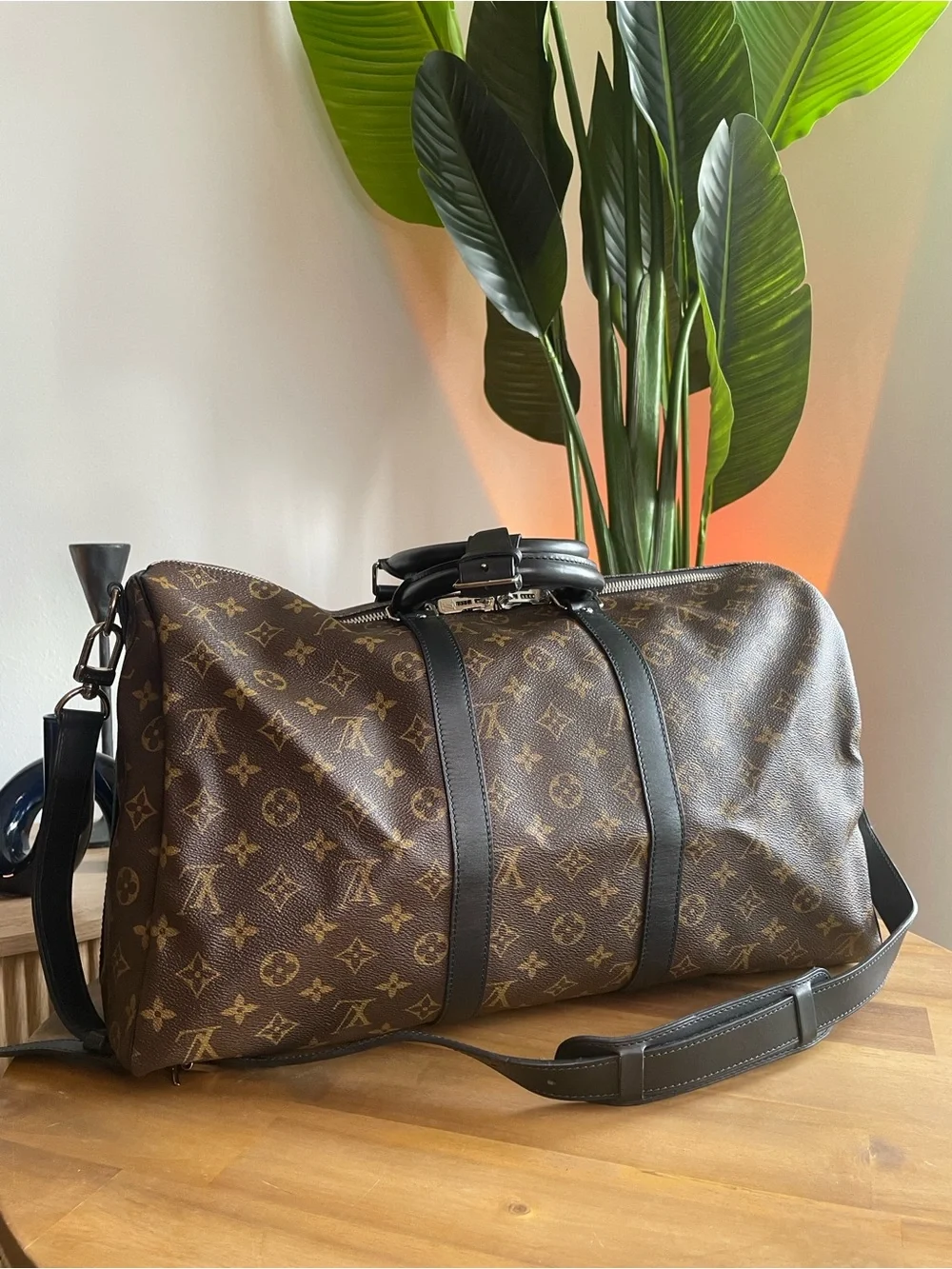 Louis Vuitton Brown Monogram Duffel with Black Leather Trim 45 Keepall